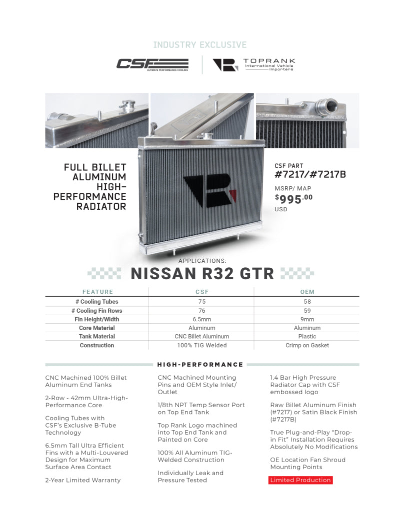 CSF R32 Nissan Skyline GT-R / GT-S Full Billet Aluminum High-Performance Radiator - Raw Finish 7217 7217 Brochure - A general brochure describing a brand, company, product line. If brochure in question is for a specific product, use code PDB.
