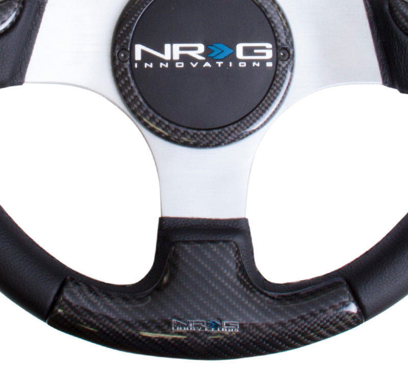 NRG Carbon Fiber Steering Wheel (350mm) Silver Frame Blk Stitching w/Rubber Cover Horn Button ST-014CFSL ST-014CFSL Photo - Primary