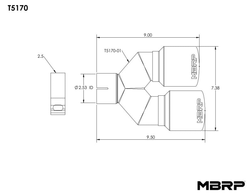 MBRP Universal T304 SS Dual Tip 3.5in OD/2.5in Inlet T5170 T5170 Line Art