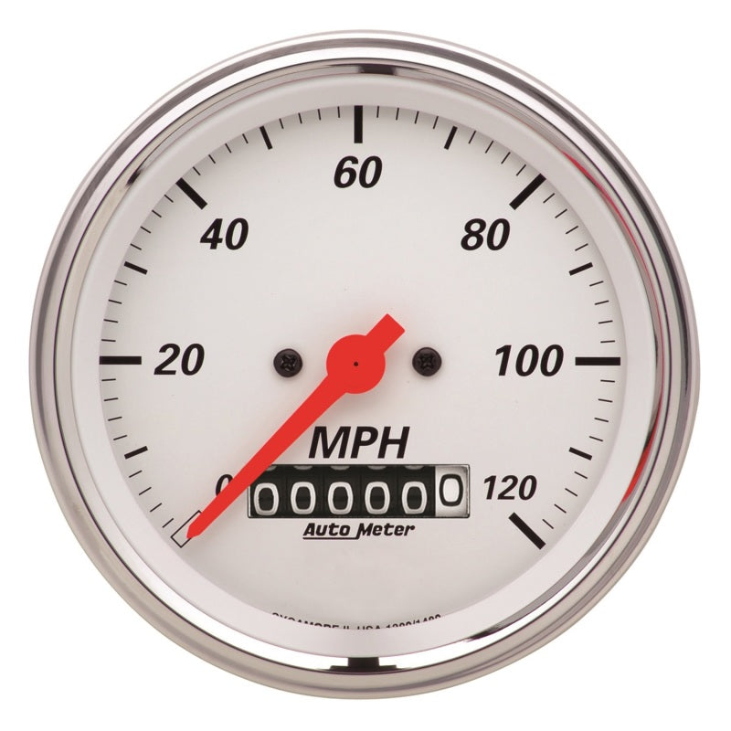 AutoMeter Gauge Speedometer 3-3/8in. 120MPH Elec. Prog. W/ Wheel Odo Arctic White 1379 1379 Photo - Primary