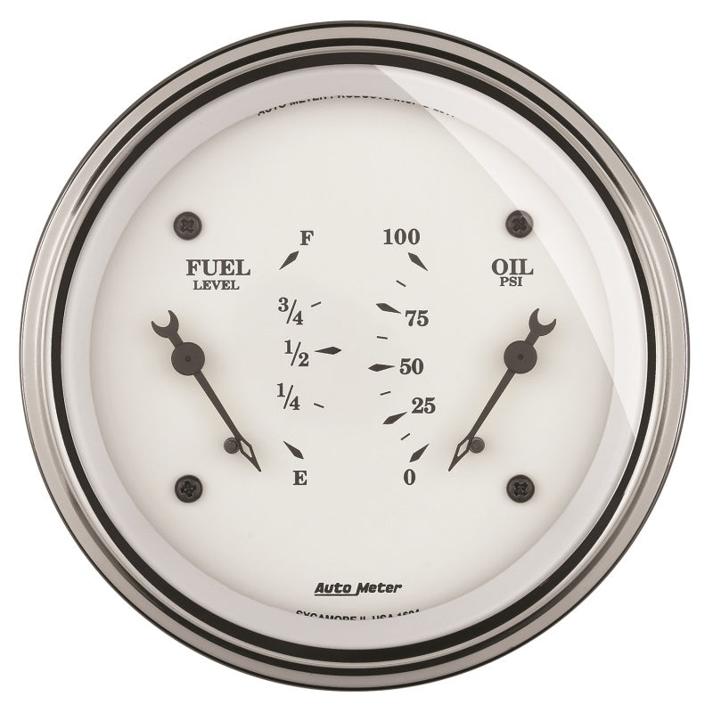 AutoMeter Gauge Dual Fuel & Oilp 3-3/8in. 240 Ohm(e) to 33 Ohm(f) & 100PSI Elec Old Tyme Wht 1613 1613 Photo - Primary
