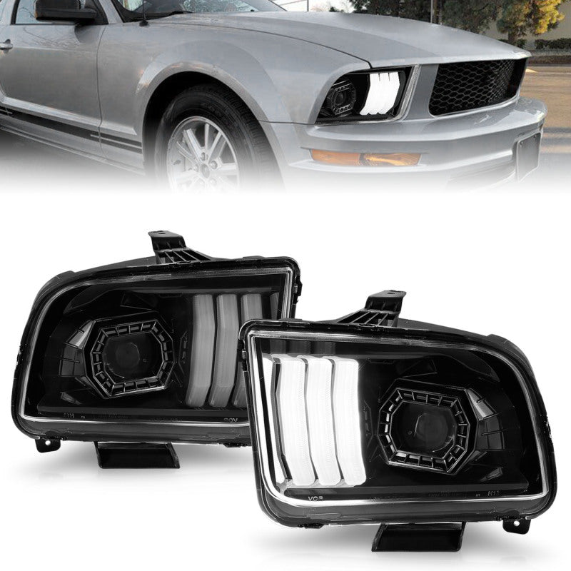ANZO 05-09 Ford Mustang (w/Factory Halogen HL Only) Projector Headlights w/Light Bar Black Housing 121566 121566 Photo - Primary
