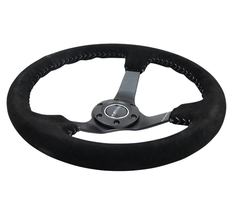 NRG Reinforced Steering Wheel (350mm / 3in. Deep) Blk Suede/Silver BBall Stitch w/5mm Mt. Blk Spokes RST-036MB-S-SL RST-036MB-S-SL Photo - Primary