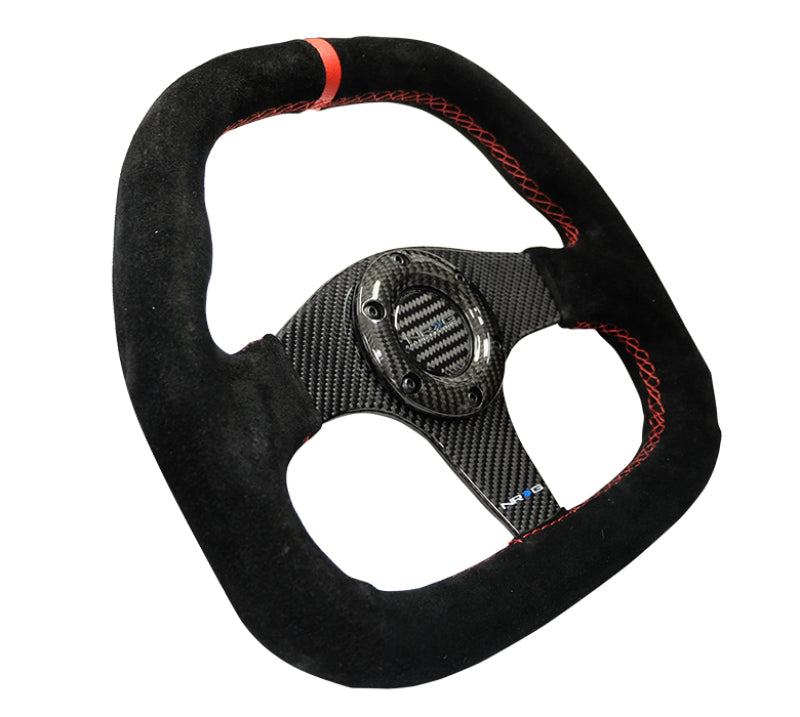NRG Carbon Fiber Steering Wheel (320mm) Flat Btm. Blk Suede/Red Stitch w/CF Spokes & Red Center Mark ST-019CF ST-019CF Photo - Primary