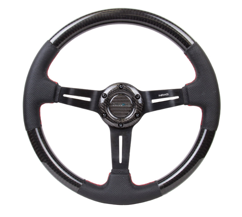 NRG Carbon Fiber Steering Wheel (350mm /1.5in. Deep) Leather Trim w/Red Stitch & Slit Cutout Spokes ST-010CFRS ST-010CFRS Photo - Primary