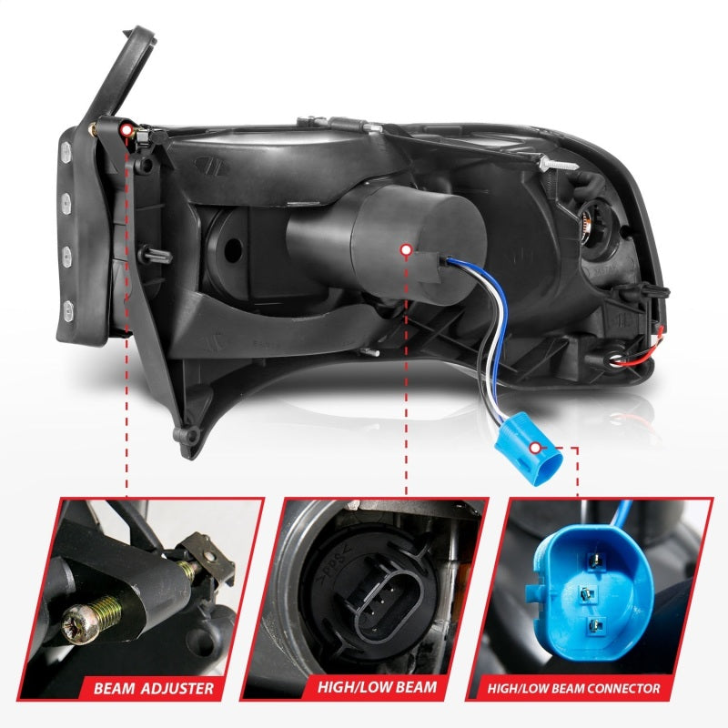 ANZO 94-02 Dodge RAM Crystal Headlight - w/ Light Bar Black Housing 111554 111554 Photo - Unmounted