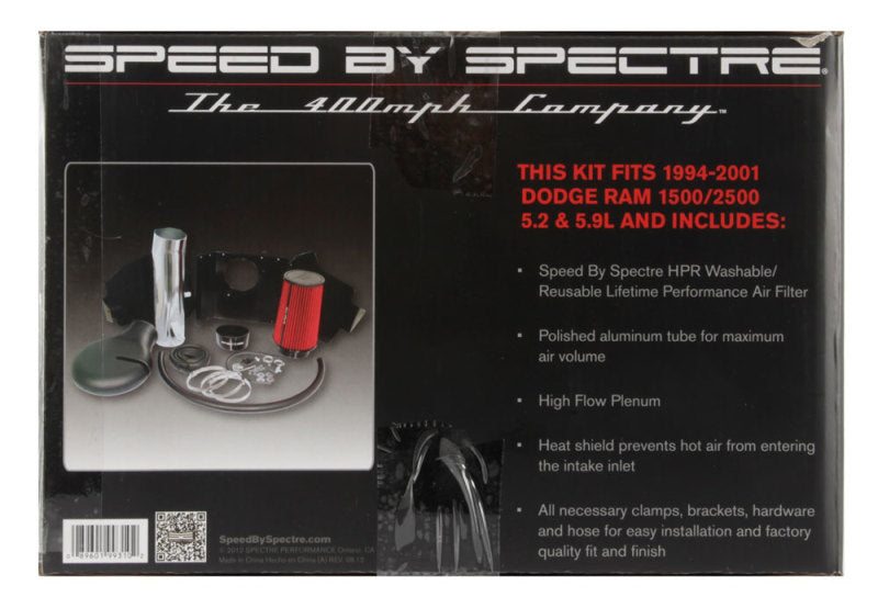 Spectre 94-01 Dodge RAM 1500/2500 V8-5.2/5.9L F/I Air Intake Kit - Polished w/Red Filter 9931 9931 Photo - in package
