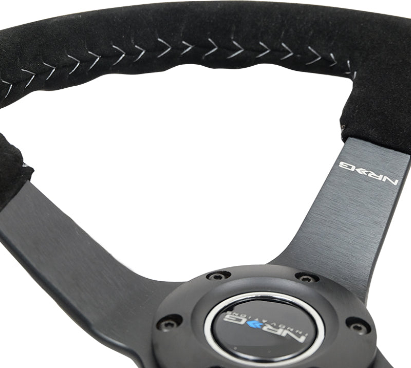 NRG Reinforced Steering Wheel (350mm / 3in. Deep) Blk Suede/Silver BBall Stitch w/5mm Mt. Blk Spokes RST-036MB-S-SL RST-036MB-S-SL Photo - Primary