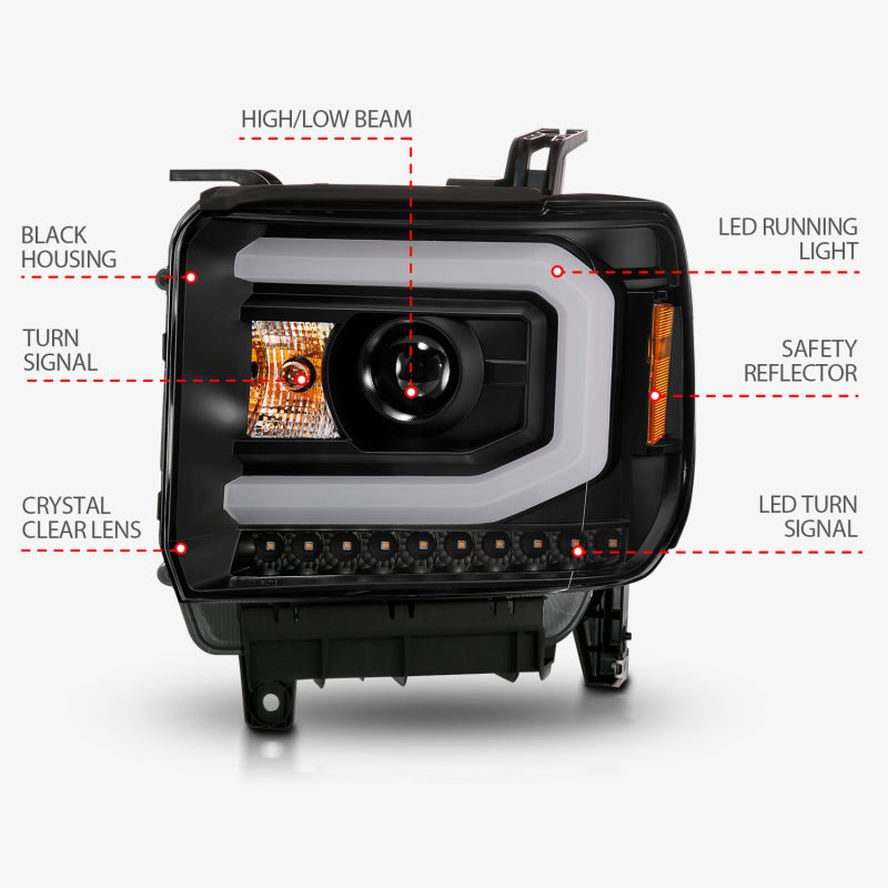 ANZO 2014-2015 GMC Sierra 1500 Projector Headlights w/ Light Bar Black Housing (Halogen Type) 111513 111513 Photo - Unmounted