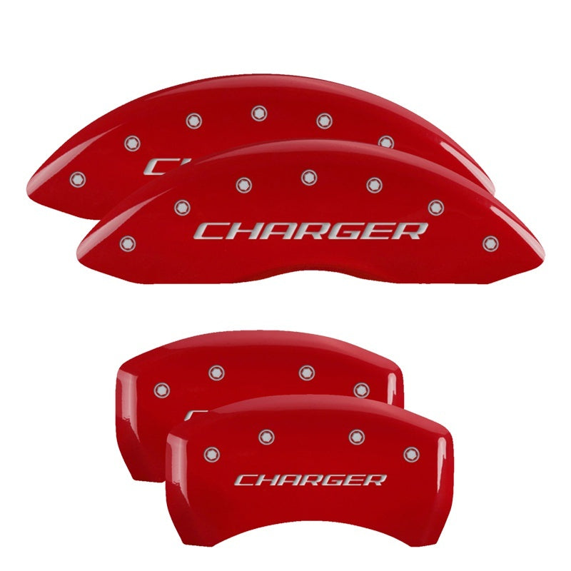 MGP 4 Caliper Covers Engraved Front & Rear Block/Charger Red finish silver ch 12001SCHBRD 12001SCHBRD Photo - Primary