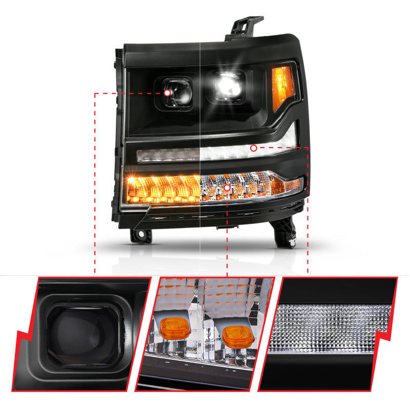 ANZO 16-18 Chevy Silverado 1500 (Factory HID Models ONLY) Full LED Proj Headlights Black - Pair 111622A 111622A User 1