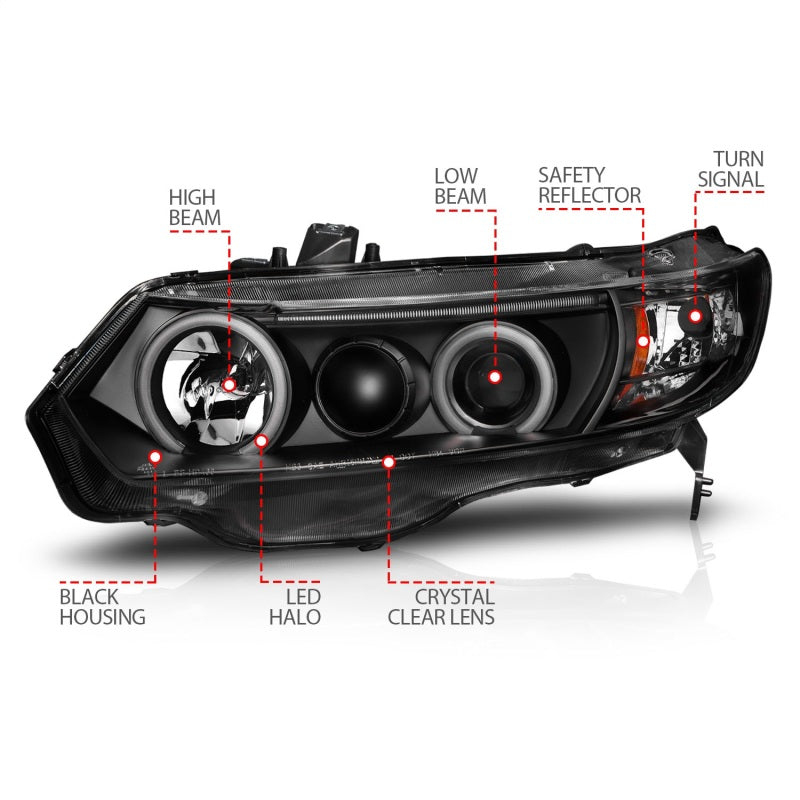 Anzo 2006-2011 Honda Civic Projector Headlights w/ Halo Black (CCFL) 121062 Photo - Unmounted