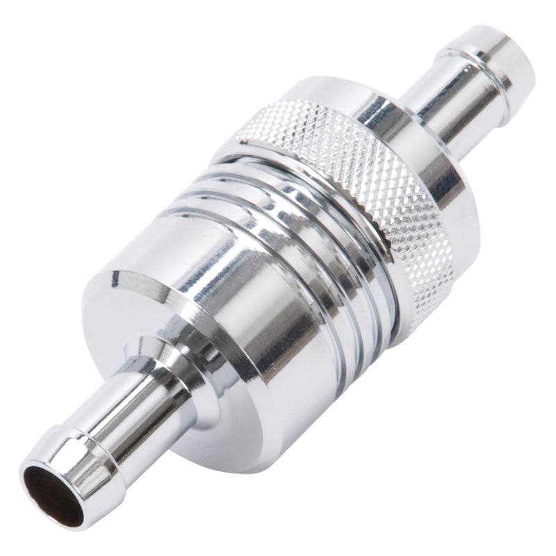 Edelbrock Fuel Filter, Aluminum, 3" X 01/ 1/8", 3/8" Inlet/Outlet, Chrome 8136 Photo - Unmounted