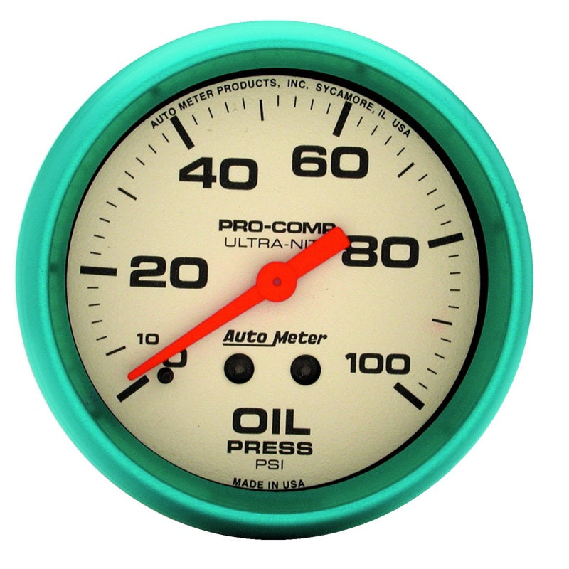 Autometer Gauge, Oil Press, 2 5/8", 100psi, Mech., Glow in the Dark, Ultra-nite 4521 Photo - Primary