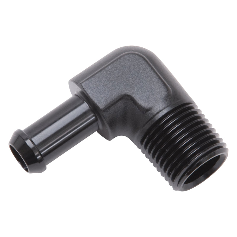 Edelbrock Hose End, 90-deg., 1/2" NPT to 3/8" Barb, Black Anodize 8169 Photo - out of package
