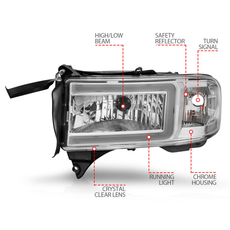 ANZO 94-02 Dodge RAM Crystal Headlight - w/ Light Bar Chrome Housing 111555 111555 User 3