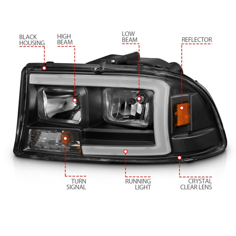 ANZO 97-04 Dodge Dakota/Durango Crystal headlight Set w/ Light Bar Black Housing 111591 111591 Photo - Unmounted