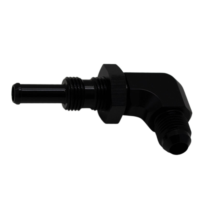 DeatschWerks 6AN Male Flare to 5/16in Male Barb Bulkhead Adapter 90-Degree - Anodized Matte Black 6-02-0712-B 6-02-0712-B Photo - Primary