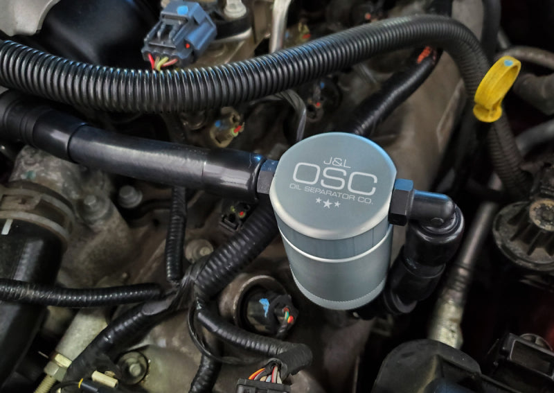 J&L 05-10 Ford Mustang GT Driver Side Oil Separator 3.0 V2 - Clear Anodized 3051D-C 3051D-C Photo - Mounted
