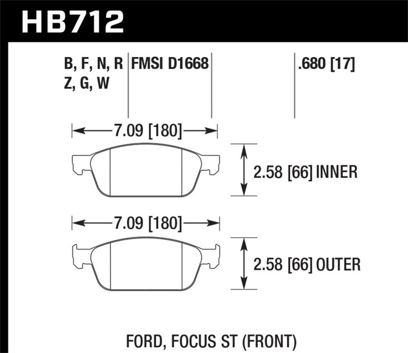 Hawk 13 Ford Focus Street 5.0 Front Brake Pads HB712B.680 Photo - Primary