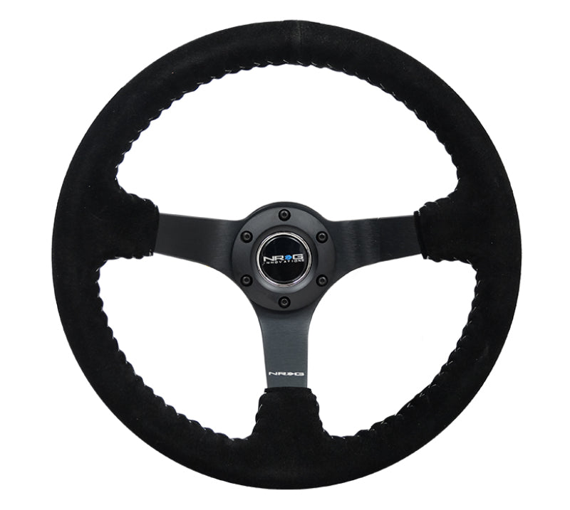 NRG Reinforced Steering Wheel (350mm / 3in. Deep) Blk Suede/Silver BBall Stitch w/5mm Mt. Blk Spokes RST-036MB-S-SL RST-036MB-S-SL Photo - Primary