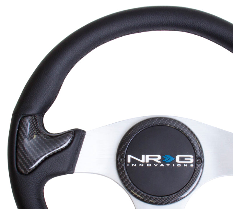 NRG Carbon Fiber Steering Wheel (350mm) Silver Frame Blk Stitching w/Rubber Cover Horn Button ST-014CFSL ST-014CFSL Photo - Primary