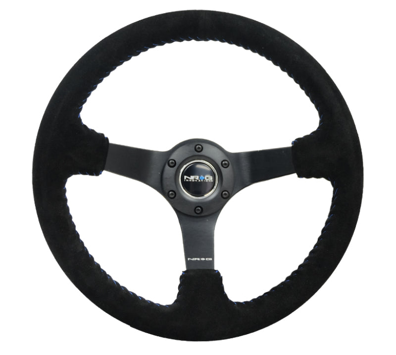 NRG Reinforced Steering Wheel (350mm / 3in. Deep) Blk Suede/Blue BBall Stitch w/5mm Matte Blk Spokes RST-036MB-S-BL RST-036MB-S-BL Photo - Primary