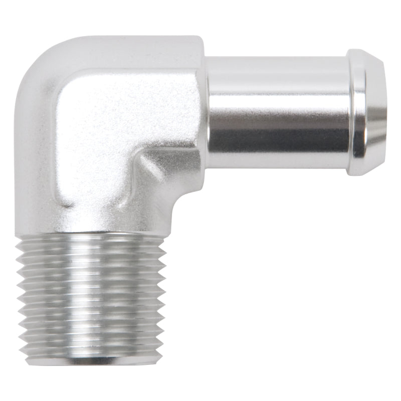 Edelbrock Hose End, 90-deg., 1/2" NPT to 5/8" Barb, Clear Anodize 8179 Photo - Primary