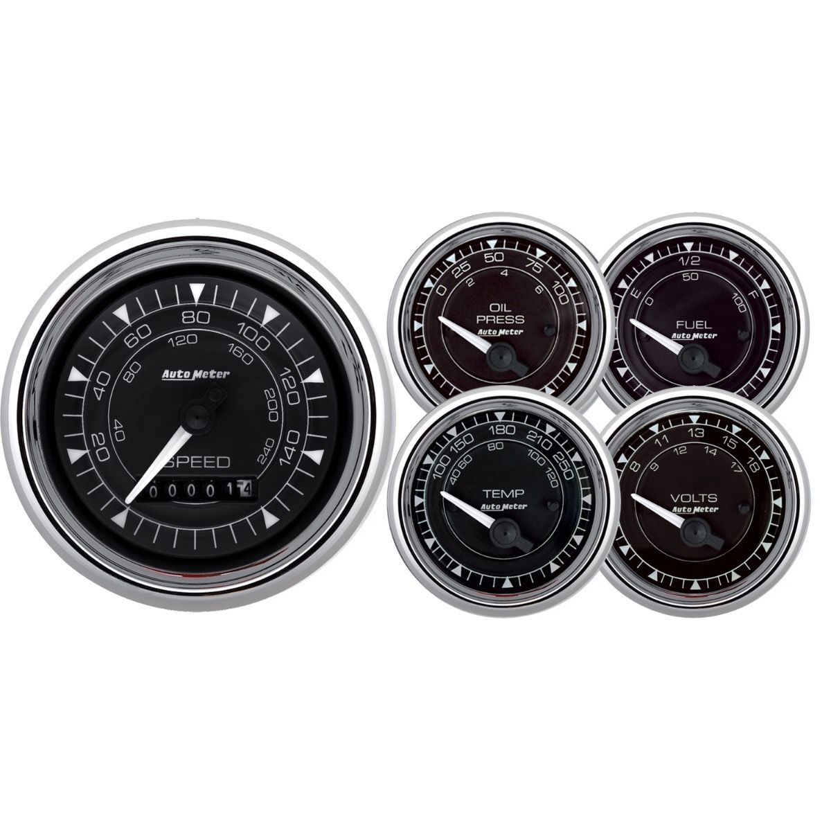 AutoMeter Chrono 3-3/8in & 2-1/16in Gauge Kit (5pc) w/Electric Speedometer - Chrome 9708