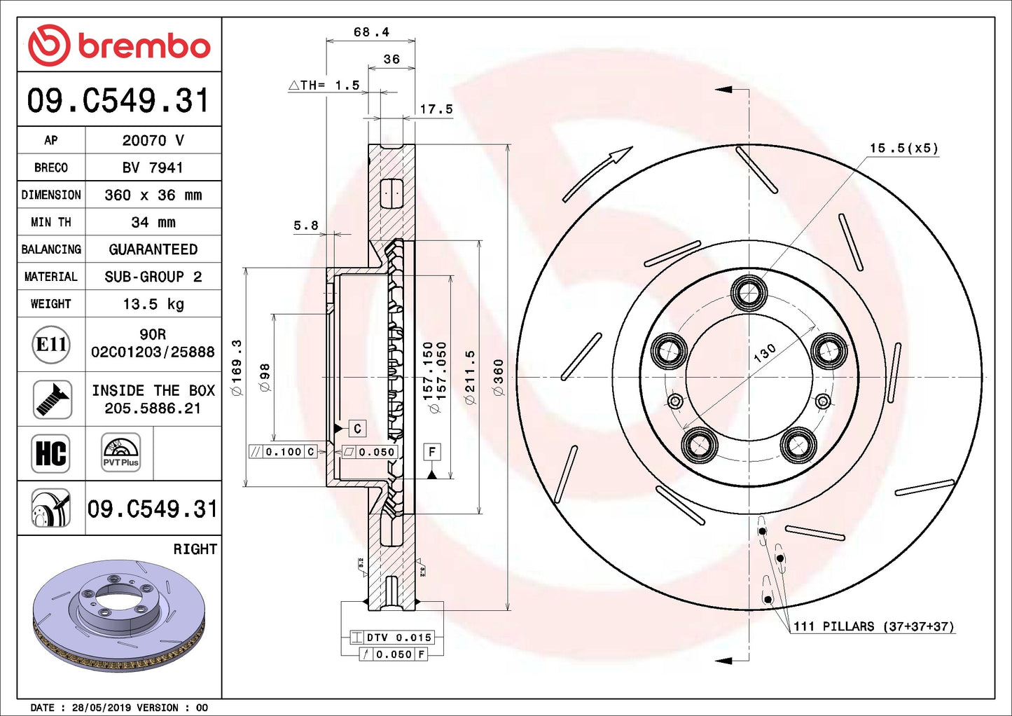 Brembo OE Brembo 10-16 Porsche Panamera Front Right Premium UV Coated OE Equivalent Rotor 09.C549.31