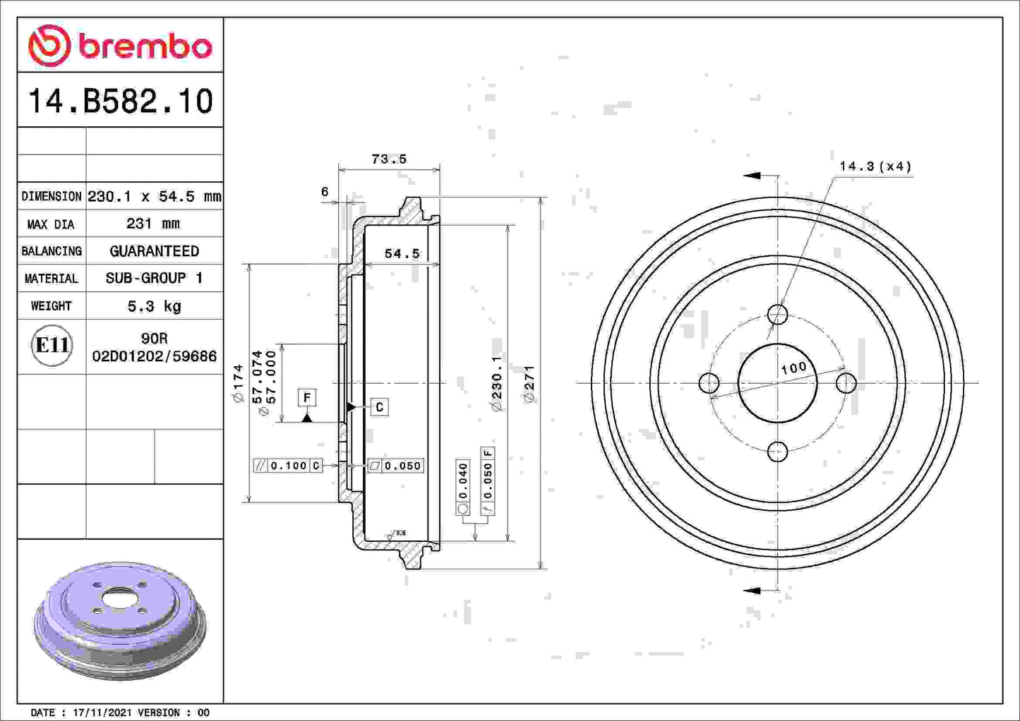 Brembo OE Brembo 05-08 Chevy Cobalt/07-08 Pontiac G5/03-07 Saturn Ion Rear Premium OE Equivalent Brake Drum 14.B582.10