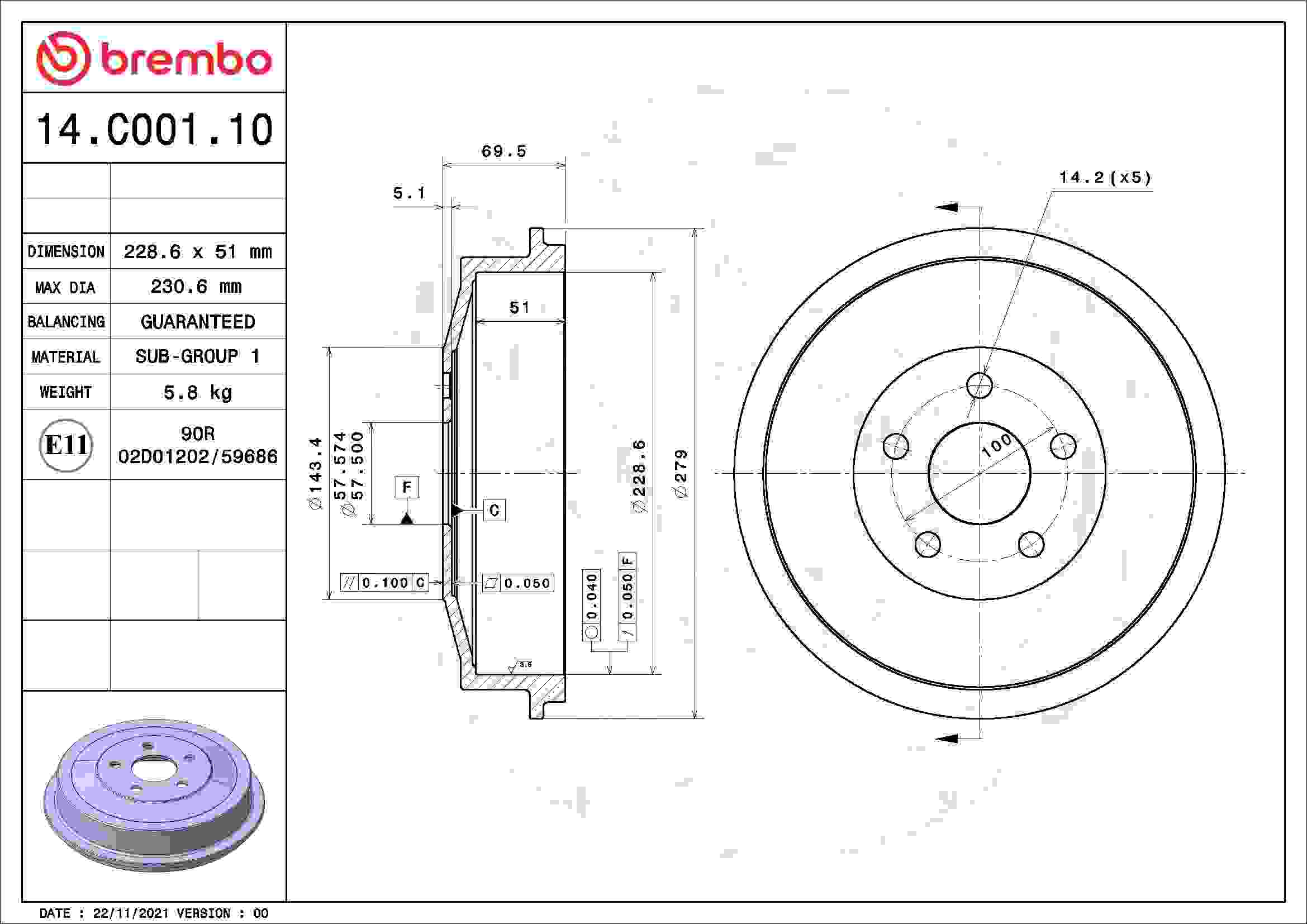 Brembo OE Brembo 04-09 Chrysler PT Cruiser Rear Premium OE Equivalent Brake Drum 14.C001.10