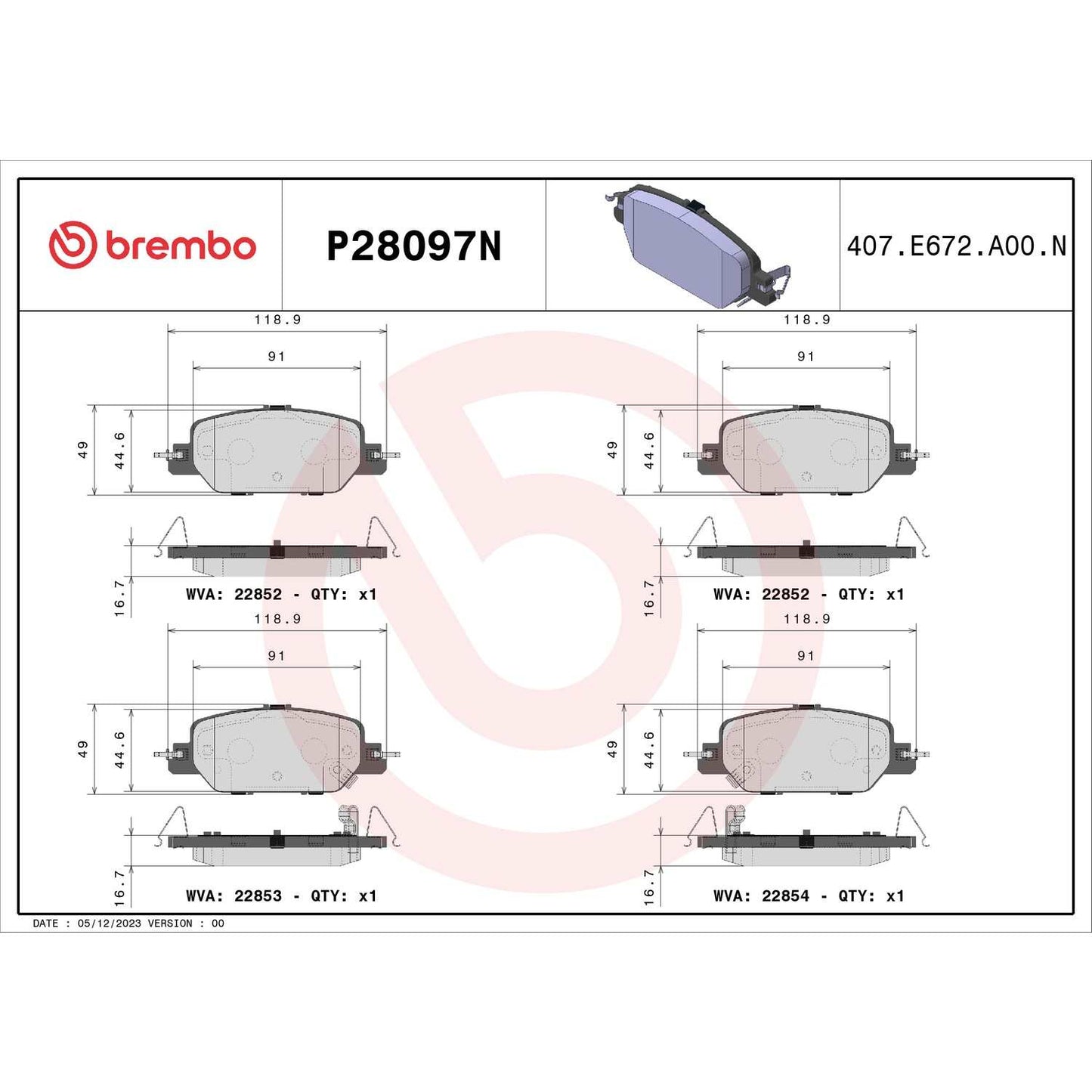Brembo OE Brembo 17-19 Honda CR-V Rear Premium NAO Ceramic OE Equivalent Pad P28097N