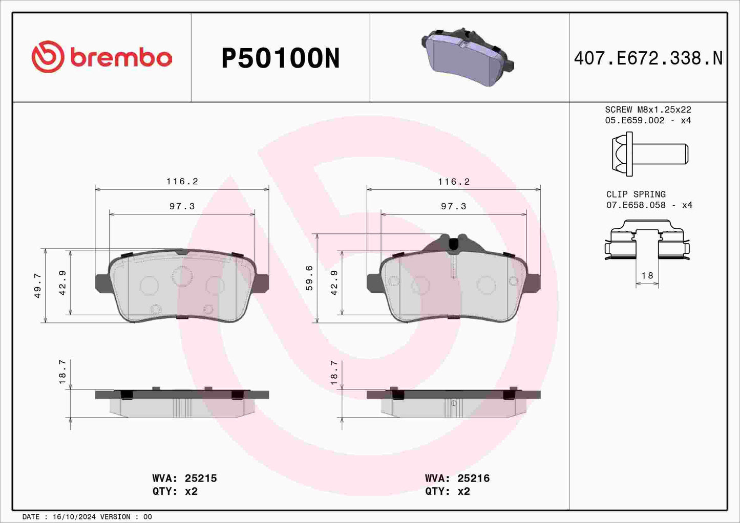 Brembo OE Brembo 2016 Mercedes-Benz GLE300d/16-18 GLE350/2015 ML250 Rear Premium NAO Ceramic OE Equivalent Pad P50100N