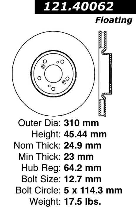 Centric Parts Disc Brake Rotor Standard with Non-Directional Finishes for 2004-2008 Acura TL 121.40062