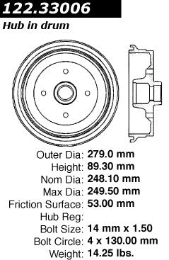 Centric Parts Premium Brake Drum for 1975-1982 Volkswagen Brasilia Super Beetle 122.33006