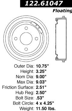 Centric Parts Brake Drum Premium with Electrocoat Finish 122.61047