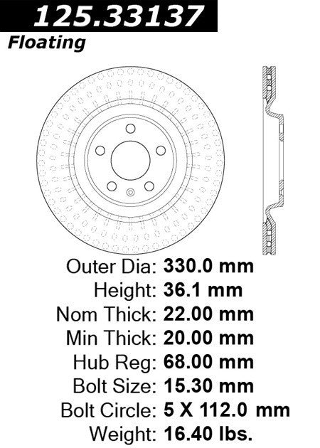 Centric Parts Disc Brake Rotor Premium High Carbon Alloy with Advanced Metallurgy for Audi A4 2017-2021, A5 2016-2019, A6 2014-2018