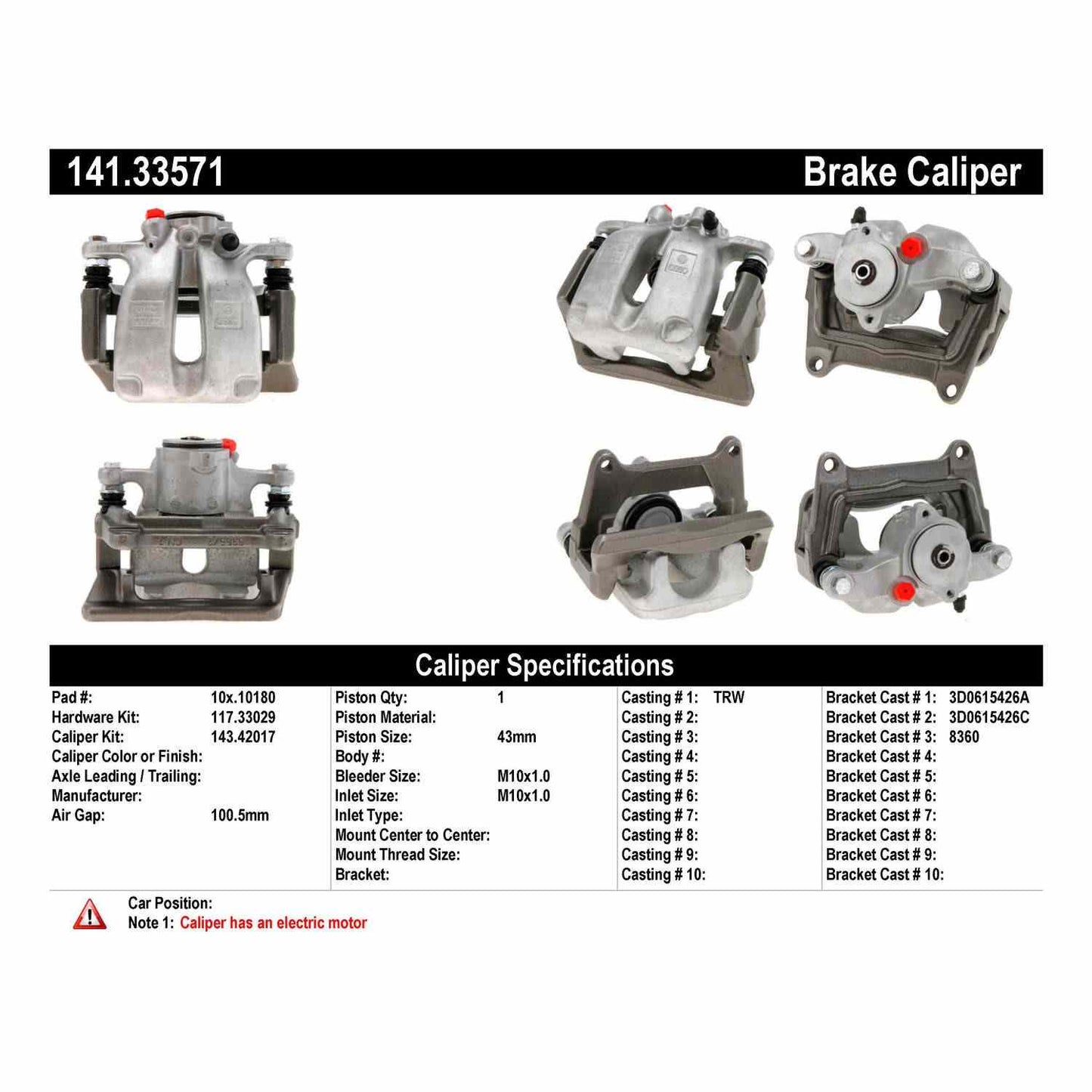 Centric Parts Disc Brake Caliper Semi-Loaded Brake Caliper EPB with anti-corrosion finish for 2004-2010 Audi A8 Quattro 141.33571