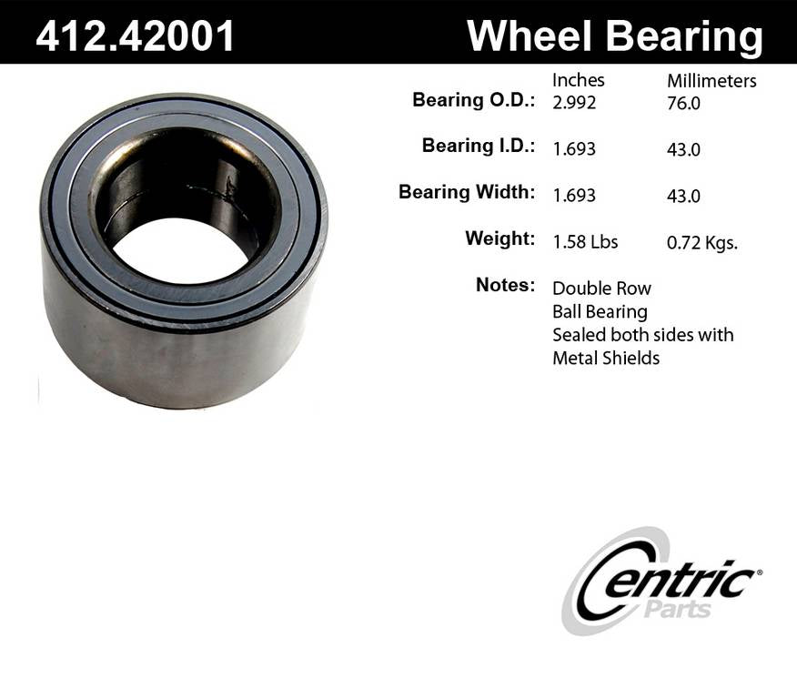 Centric Parts Wheel Bearing Double Row with Deep Groove for 2000-2008 Infiniti I30 I35 Nissan Altima Maxima X-Trail 412.42001