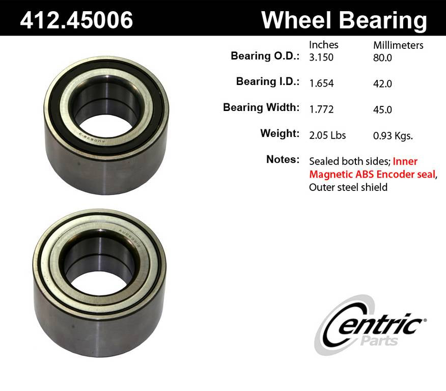 Centric Parts Wheel Bearing Premium Double Row for 2005-2017 Vehicles 412.45006