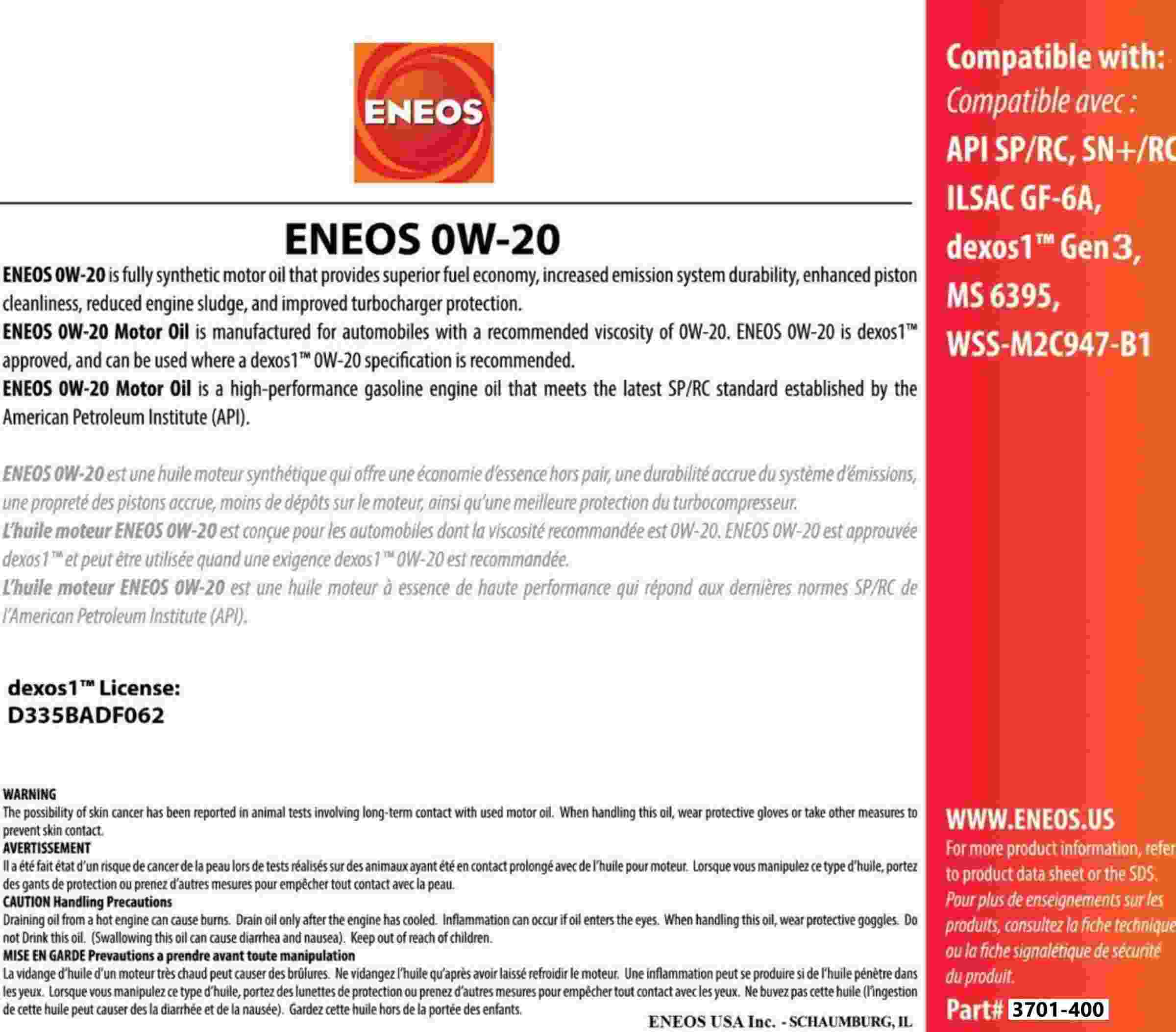 Eneos Full Syn Oil Dexos 1 0w20 6 Gal ENO3701-400