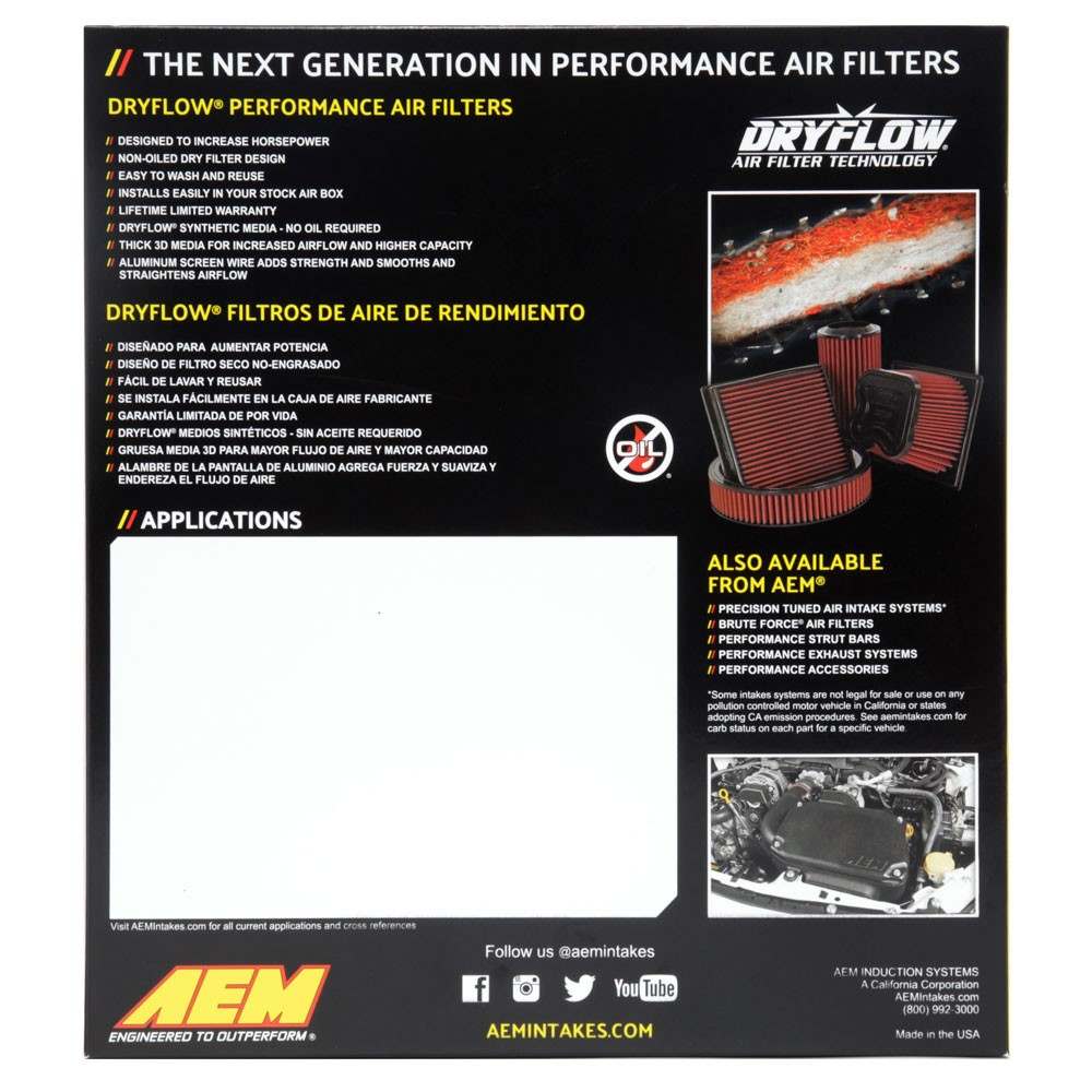 AEM Induction DryFlow Air Filter AIP28-20106