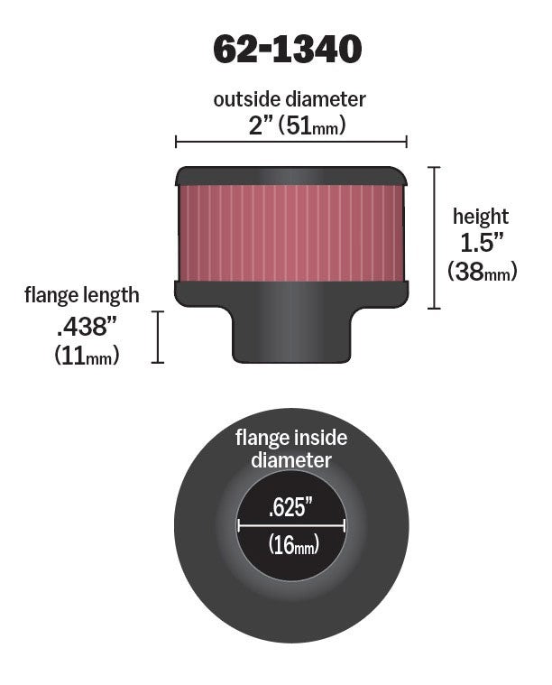 K&N Engineering K&N 0.625 inch ID 2 inch OD 1.5 inch H Clamp On Crankcase Vent Filter 62-1340