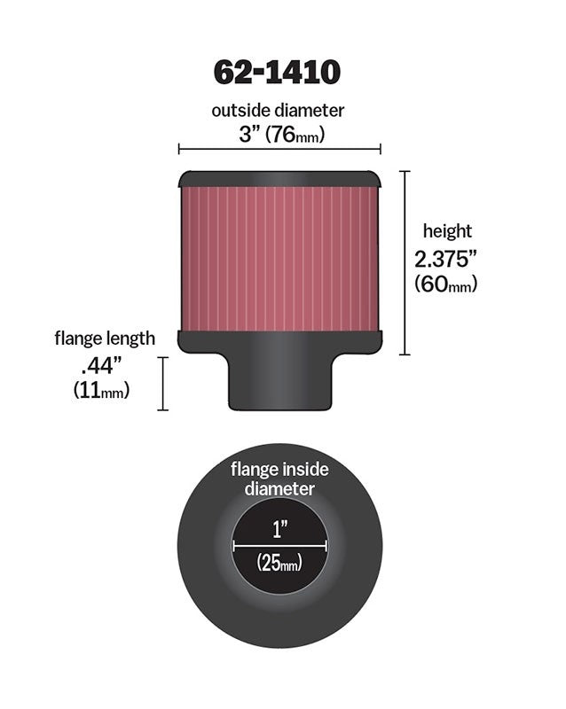 K&N Engineering K&N 1 inch ID 3 inch OD 2.375 inch H Rubber Base Crankcase Vent Filter 62-1410