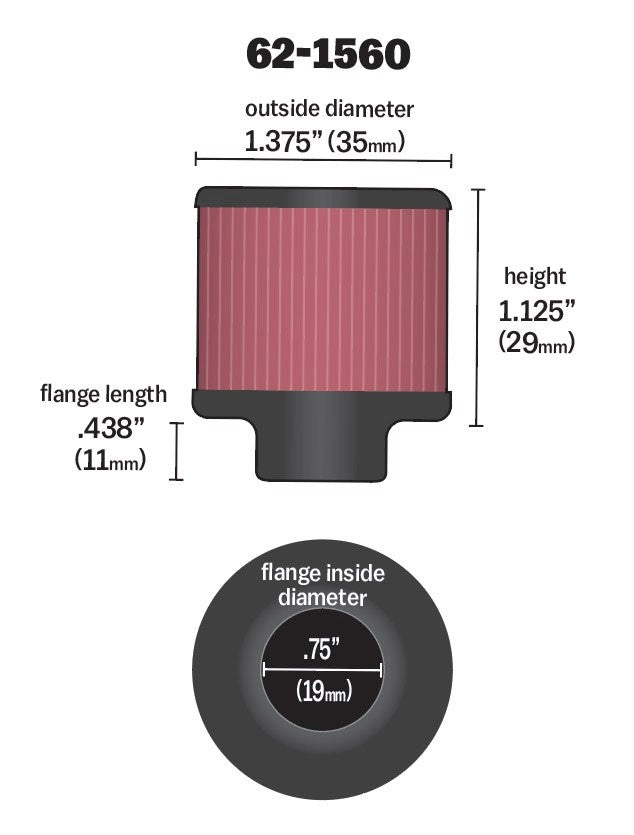 K&N Engineering K&N 0.75 inch ID 1.375 inch OD 1.125 inch H Clamp On Crankcase Vent Filter 62-1560