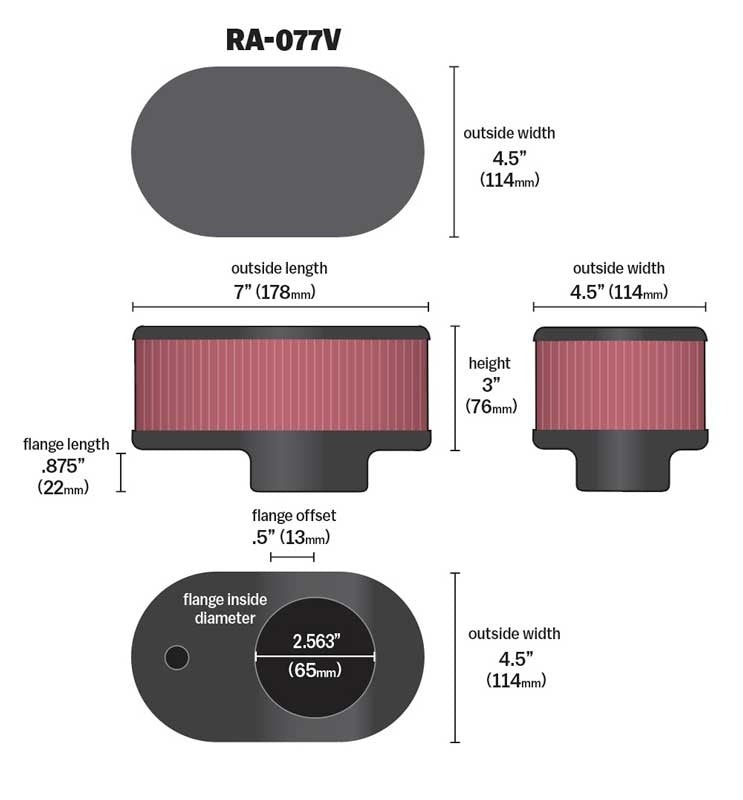 K&N Engineering K&N Universal Chrome Air Filter 2-19/16in FLG 7 x 4-1/2in Base 3in Height RA-077V