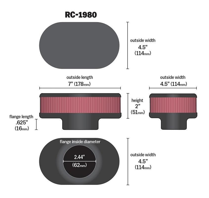 K&N Engineering K&N Universal Clamp-On Air Filter 2-7/16in Flange 7in Length 4-1/2in Width 2in Height RC-1980