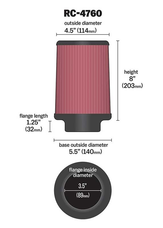 K&N Engineering K&N Universal Chrome Filter 3 1/2 inch FLG / 5 1/2 inch Bottom / 4 1/2 inch Top / 8 inch Height RC-4760