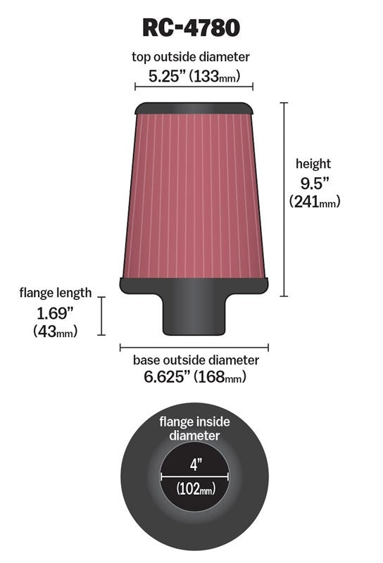 K&N Engineering K&N Universal Filter Round Tapered 4in FlangeID / 6.625in Base OD / 5.25in Top OD / 9.5in Height RC-4780